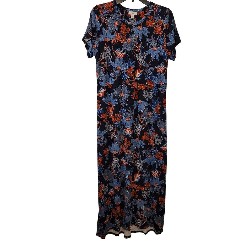J Jill Navy Blue Floral Maxi Dress Short Sleeve V Neck Lightweight Women M tall